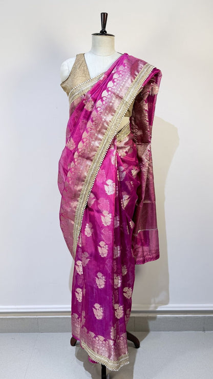 Rani Pink Tissue Saree with Moti Lace Border