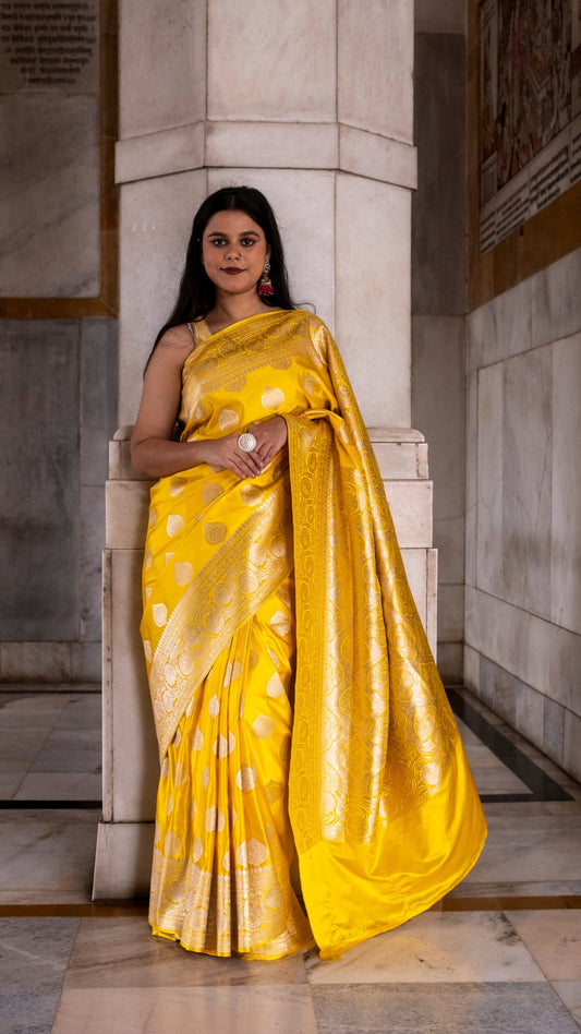 Yellow Floral Katan Mashru Silk Saree