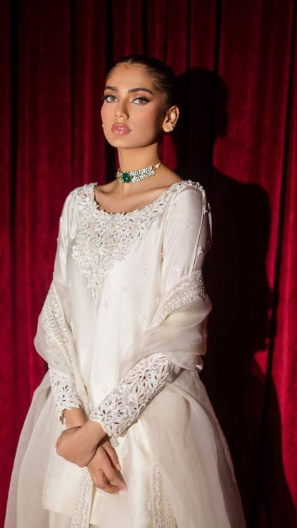Celebrity Inspired Ivory Farshi Salwar Suit with Sequin Embroidery & Organza Dupatta