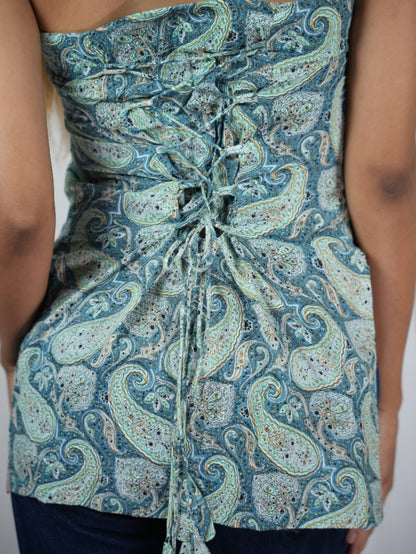 Women's Teal Green Paisley Print Strapless Tube Cotton Top