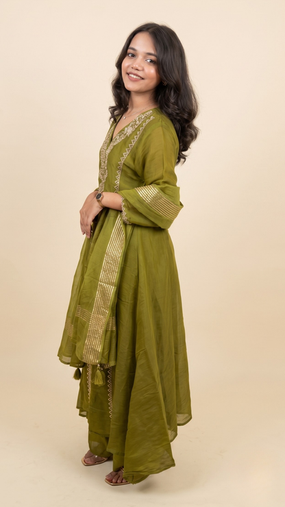 The Royal Olive Zari Embroidered Silk Suit Set