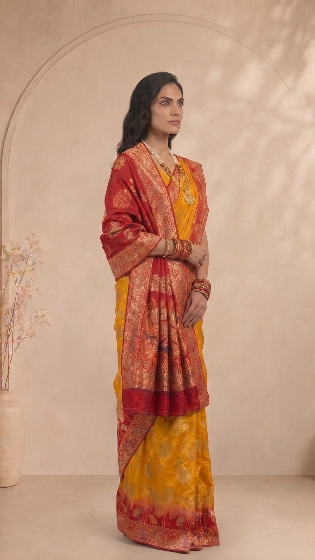 Yellow & Red Banarasi Saree with Matching Dupatta