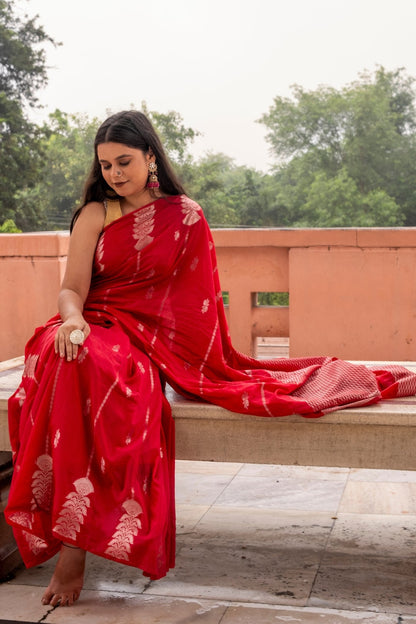 Scarlet Red Semi Raw Mango Katan Silk Saree