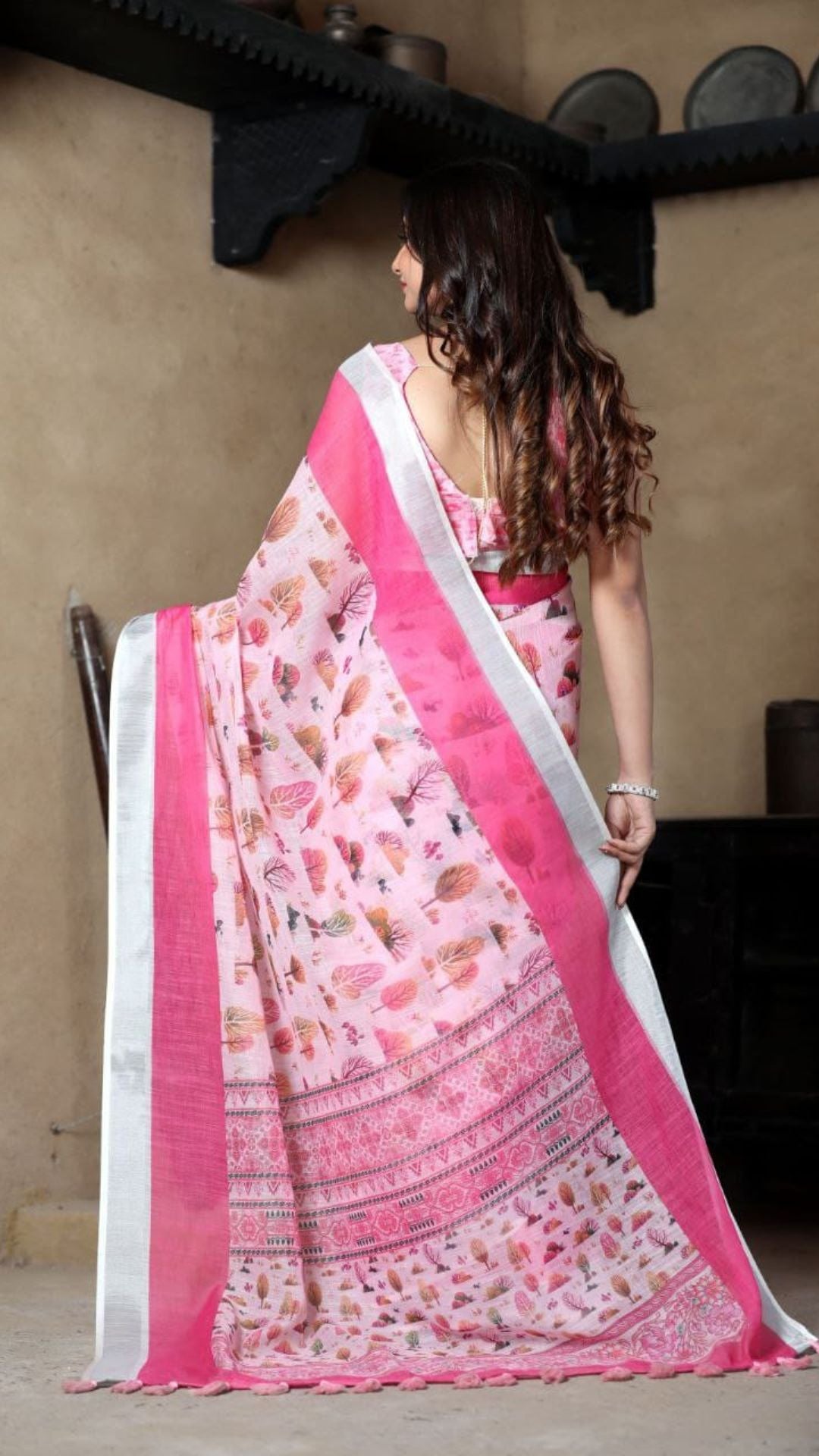 Floral Tree Print Linen Cotton Saree in Blush Pink with Zari Border