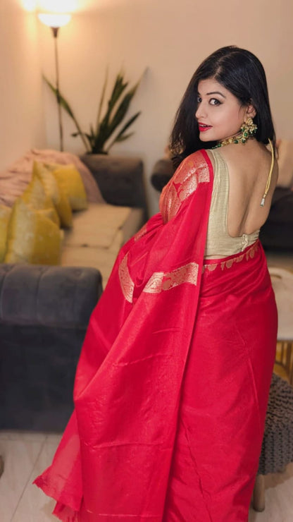 Red Banarasi Inspired Warm Silk Saree with Heavy Zari Brocade Pallu