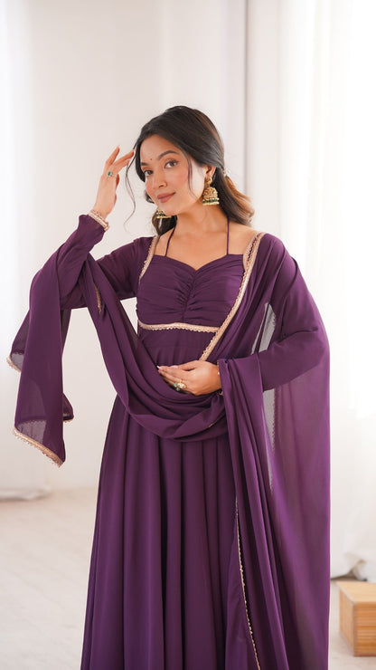 Wine Purple Georgette Anarkali Gown Set for Women