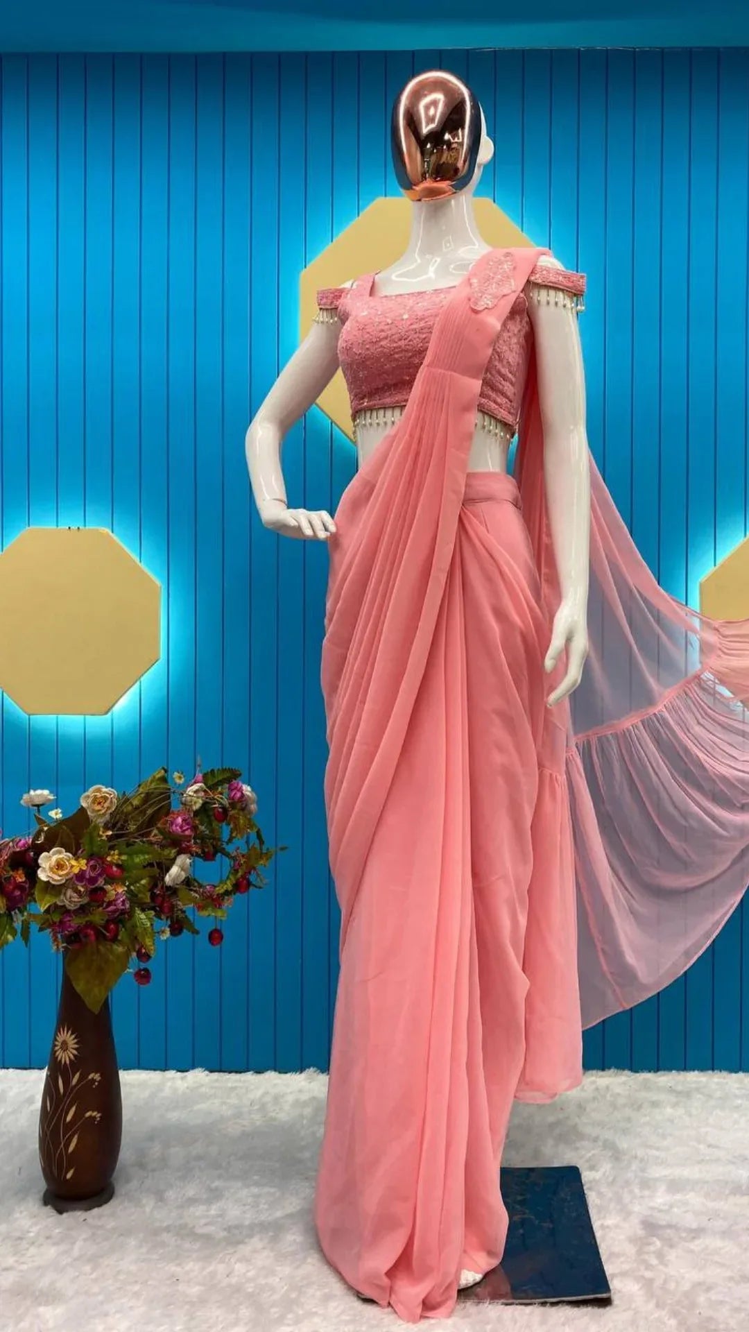 Blush Petal Ready-to-Wear Georgette Saree Set