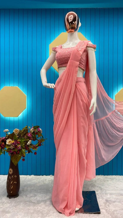 Blush Petal Ready-to-Wear Georgette Saree Set