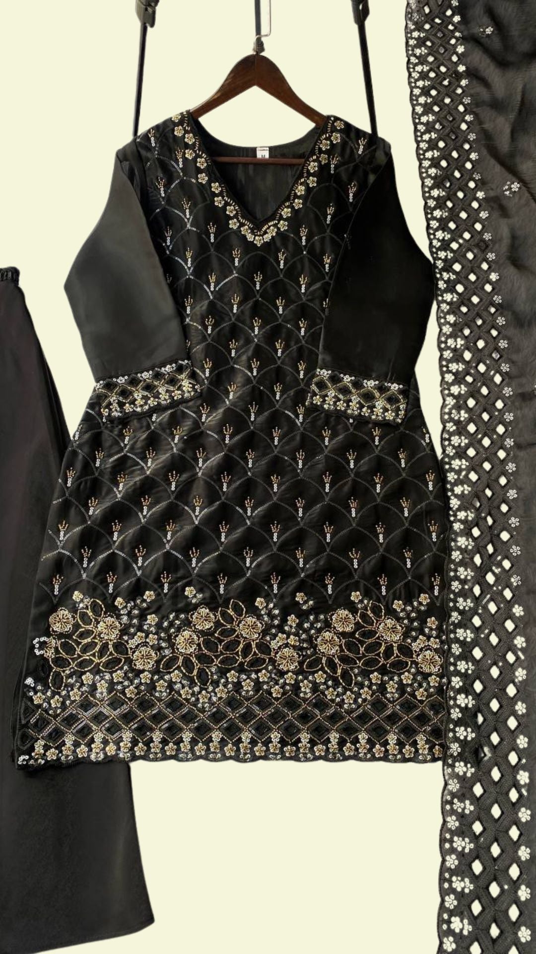 Black Embroidered Kurti Palazzo Set with Dupatta for Women