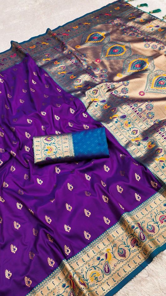 Royal Purple Paithani Silk Saree with Meenakari Zari Weaving & Peacock Pallu