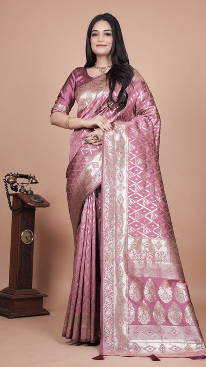 Mauve Banarasi Silk Saree with Silver Zari