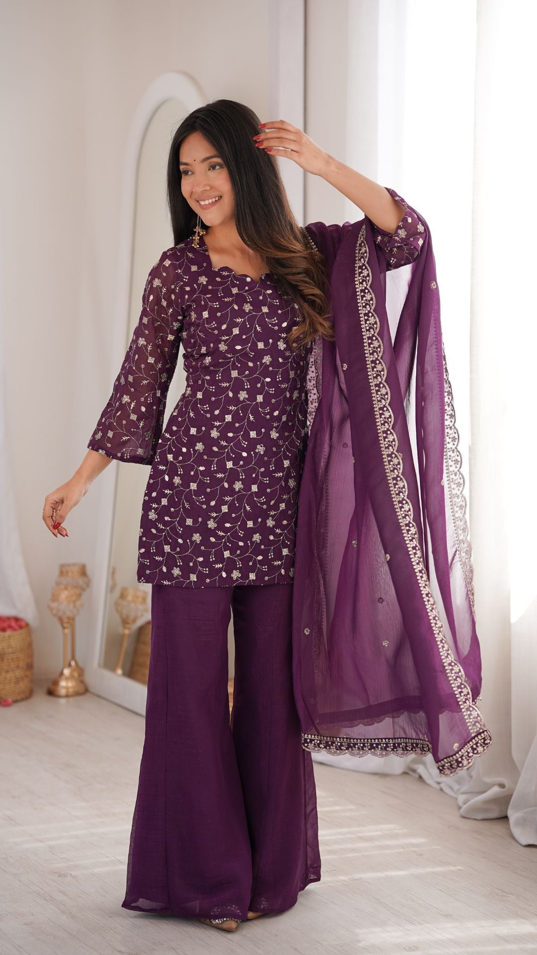 Royal Wine Embroidered Crunchy Silk Suit Set with Dupatta