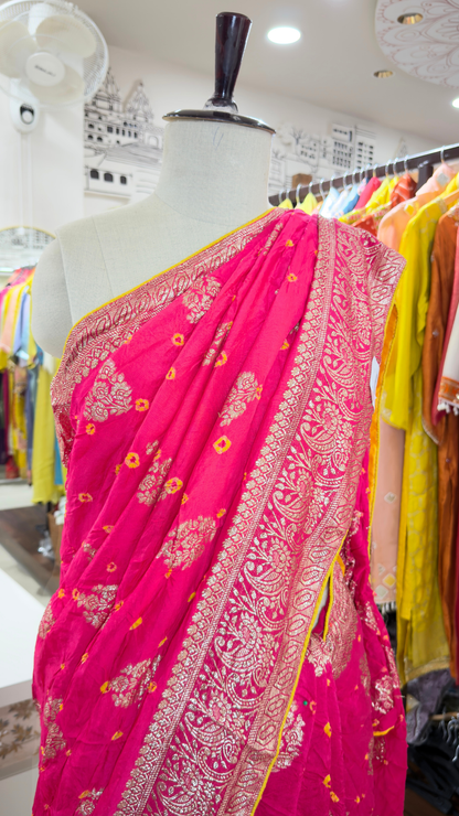 Banarashe Women’s Hot Pink Saree with Golden Floral Motifs & Paisley Woven Border