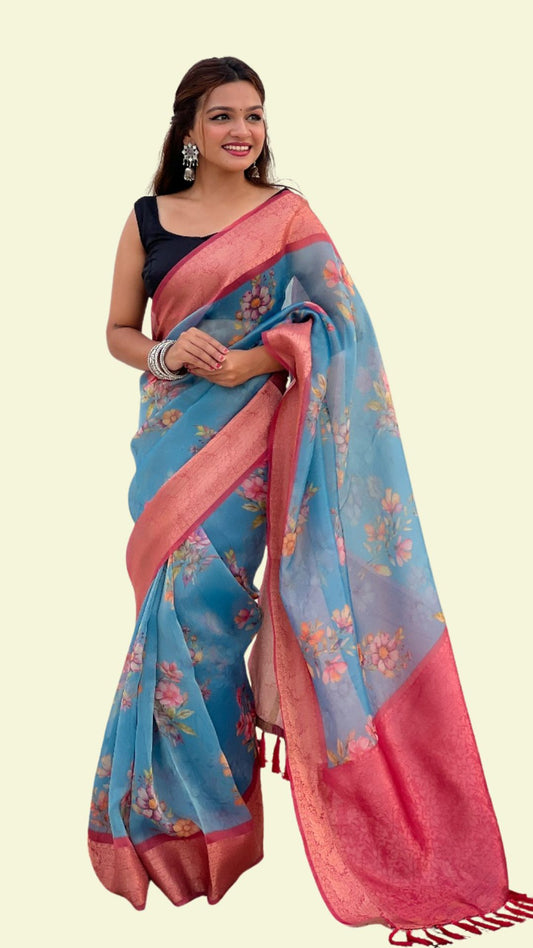 Sky Blue Floral Soft Tissue Saree with Peach Zari Border & Elegant Pallu