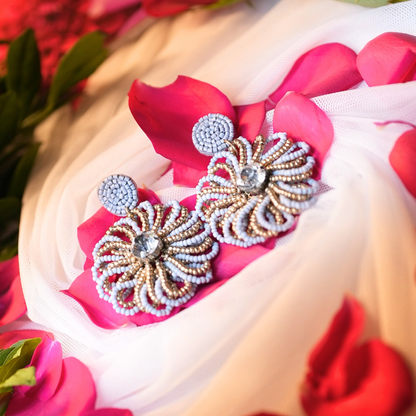 Golden Glow Floral Earrings – Grey & Gold Seed Beads with Crystal Center