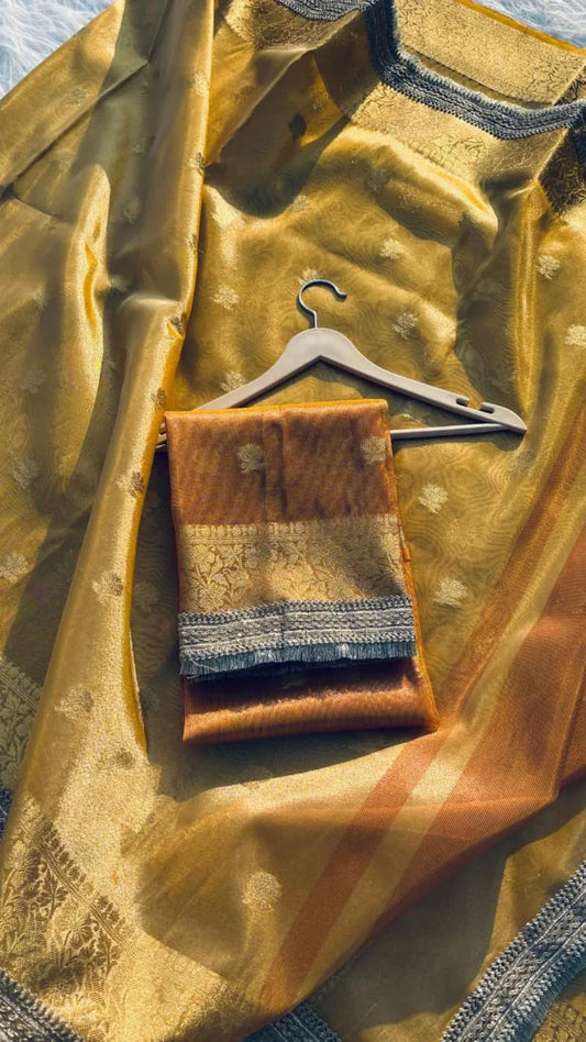 Yellow Tissue Saree with Elegant Small Flower Buti Design - Baranashe - Yellow Tissue Saree with Elegant Small Flower Buti Design