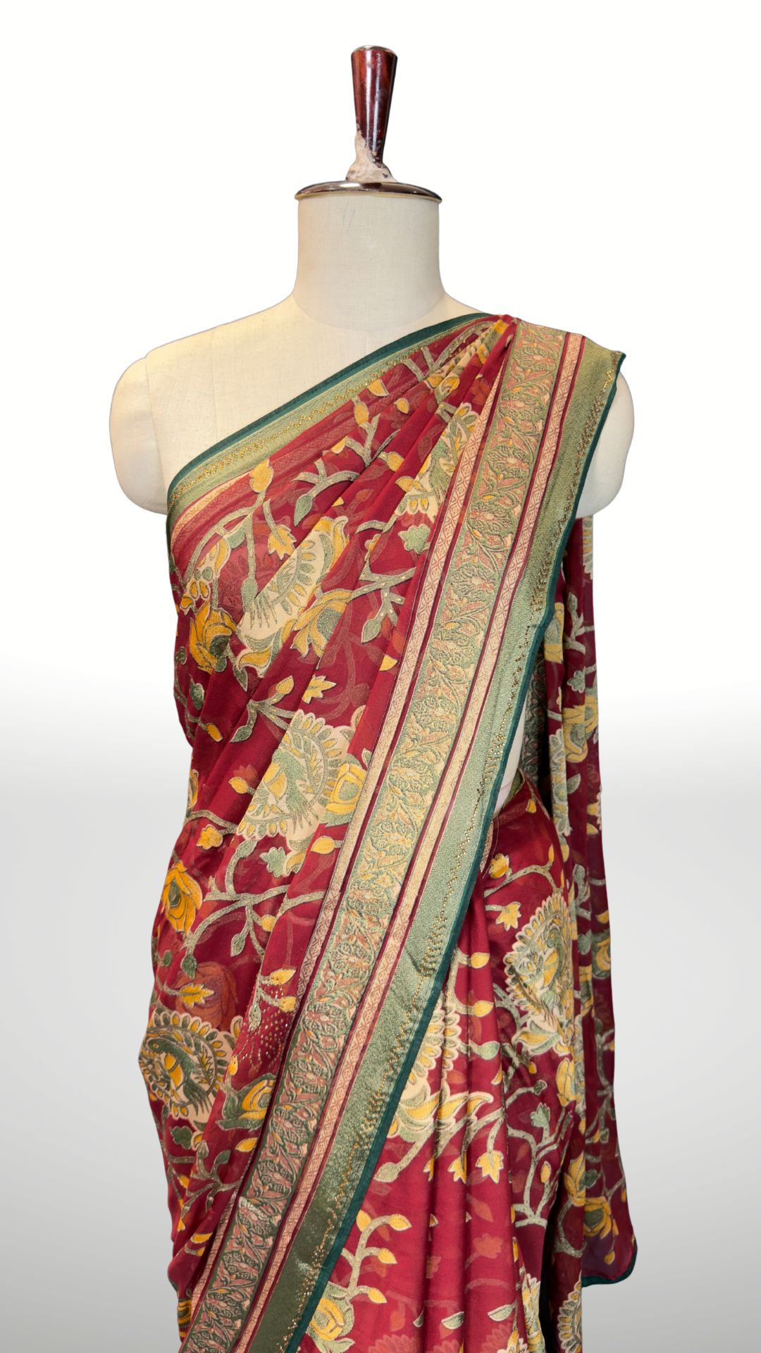 Banarashe Maroon Red Floral Printed Saree with Green & Gold Traditional Border