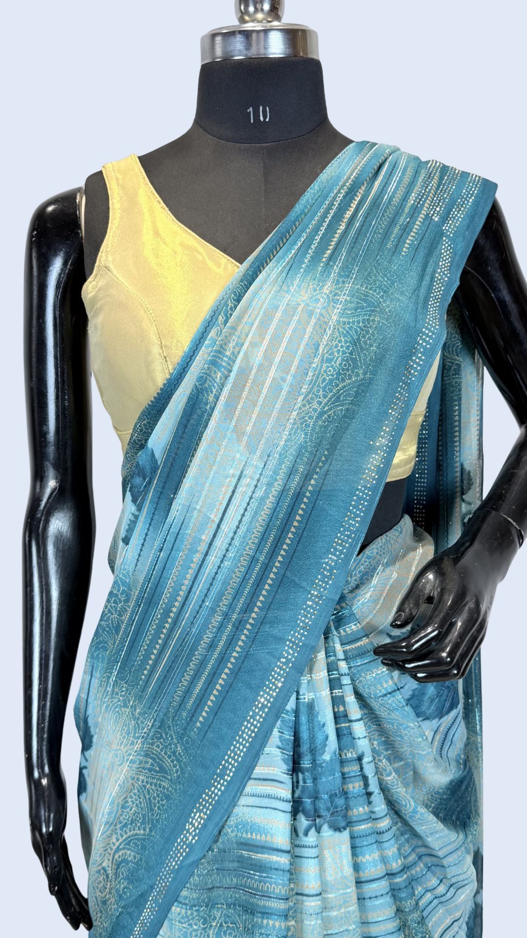Sky Blue Printed Synthetic Saree with Leaf Print