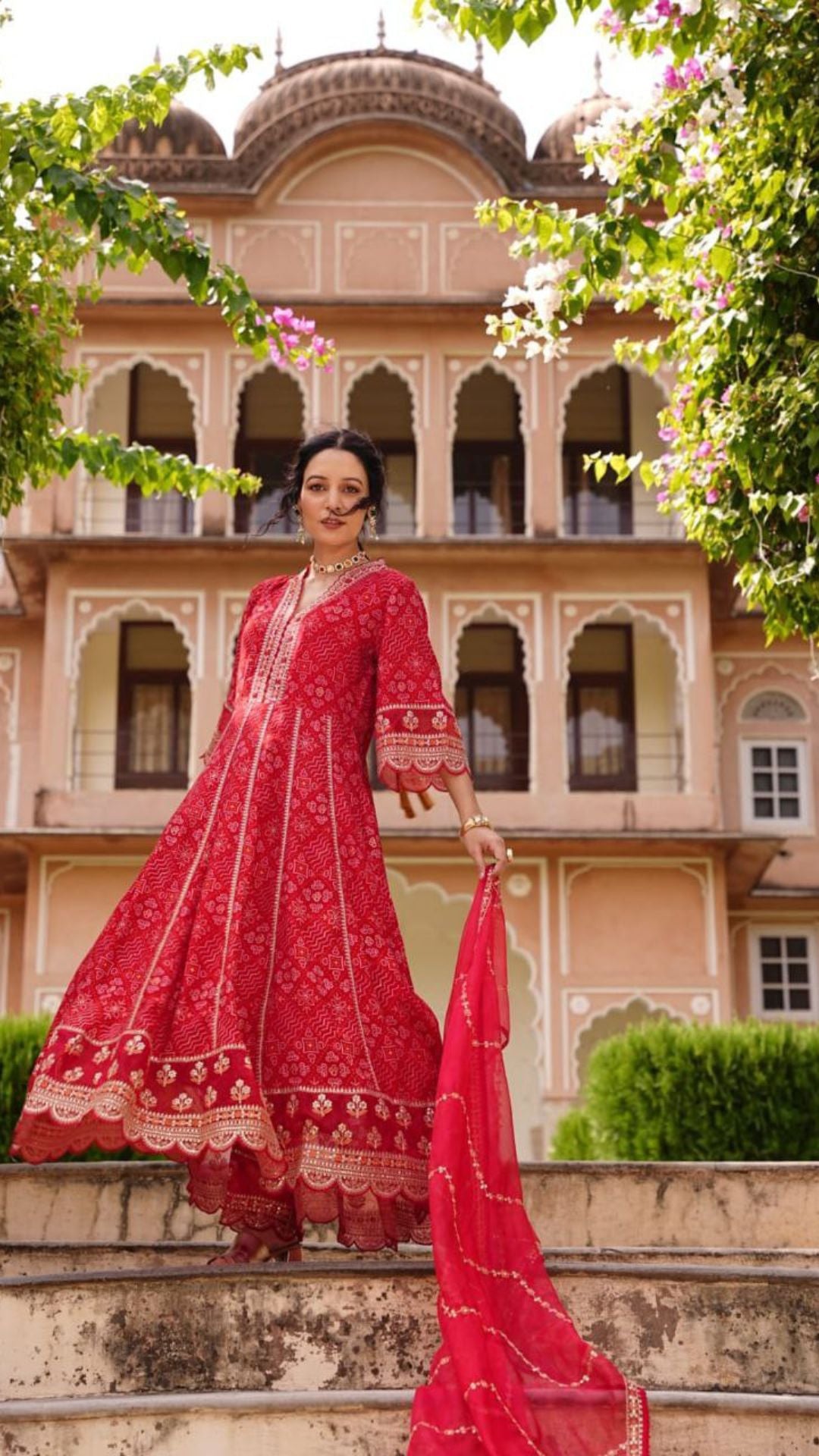 Red Maroon Heavy Rayon Anarkali Suit Set with Organza Embroidery Dupatta