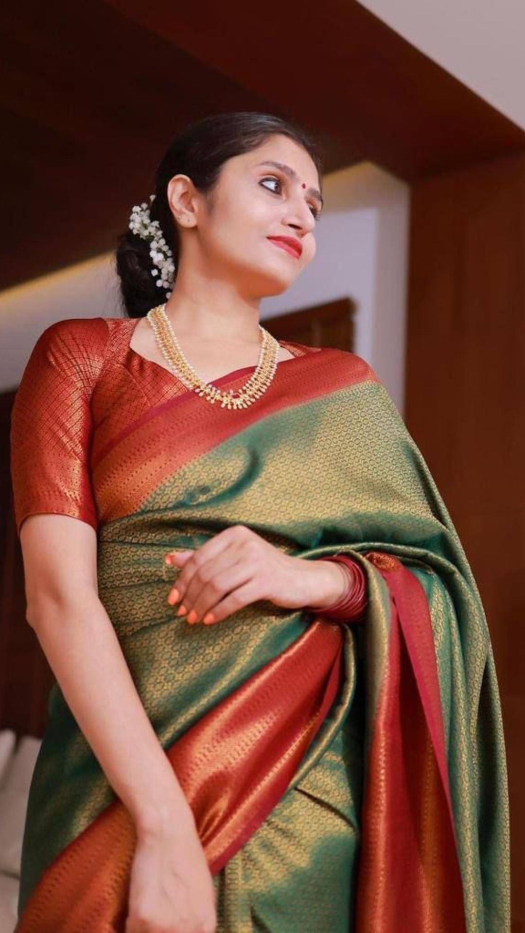 Green Banarasi Soft Lichi Silk Saree with Rich Jacquard Work & Designer Blouse