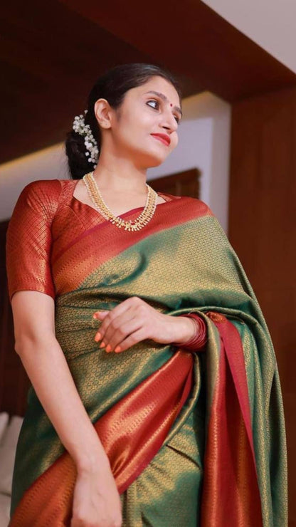 Green Banarasi Soft Lichi Silk Saree with Rich Jacquard Work & Designer Blouse