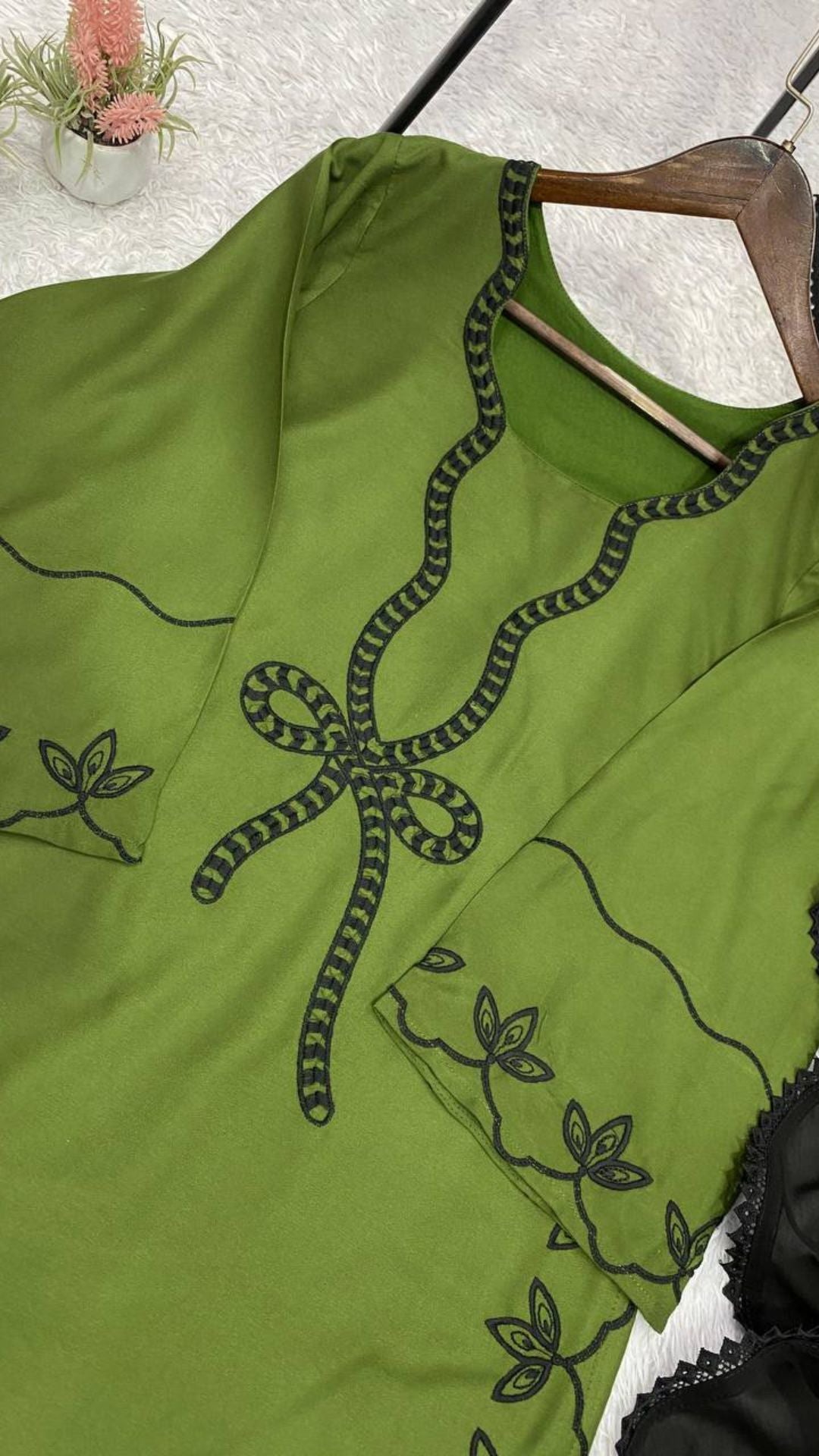 Olive Green Pakistani Embroidered Kurta Palazzo Dupatta Set For Women