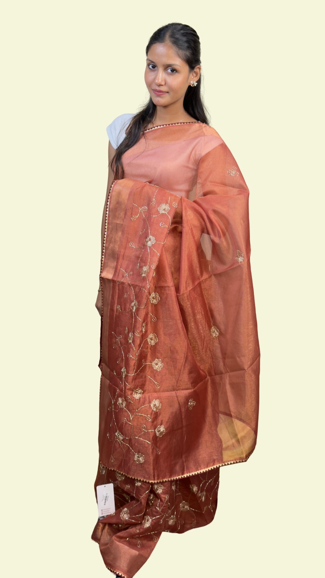 Peach Copper Embroidered Organza Saree