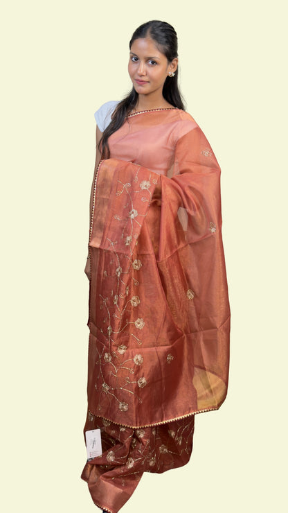 Peach Copper Embroidered Organza Saree