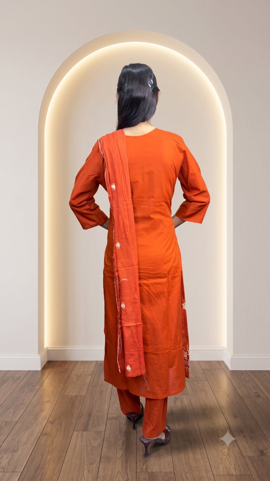 Women’s Orange Pure Cotton Embroidered Kurta Pant & Dupatta Set