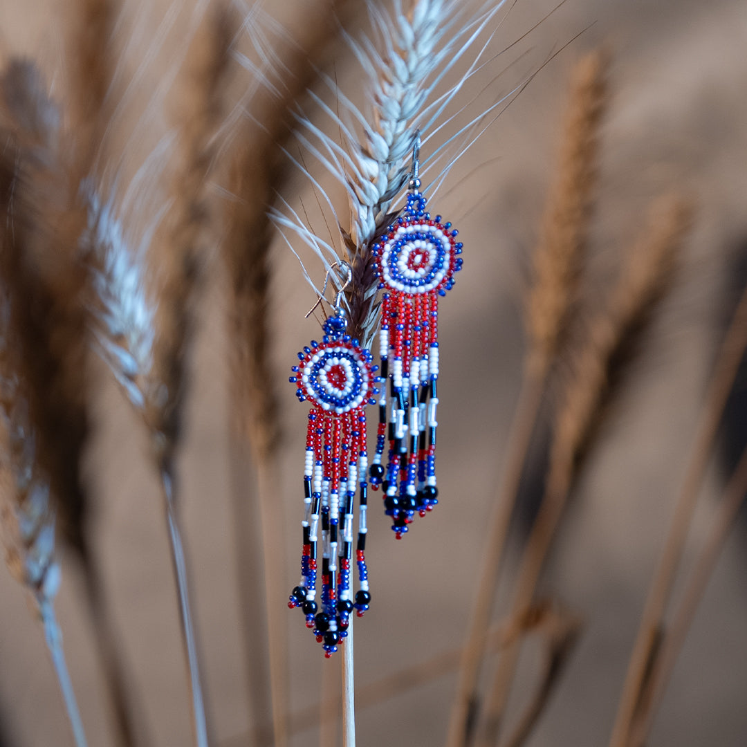 Handwoven Multi-Color Seed Bead Earrings with Glass Nalki – White, Navy Blue, and Cherry Red Fusion