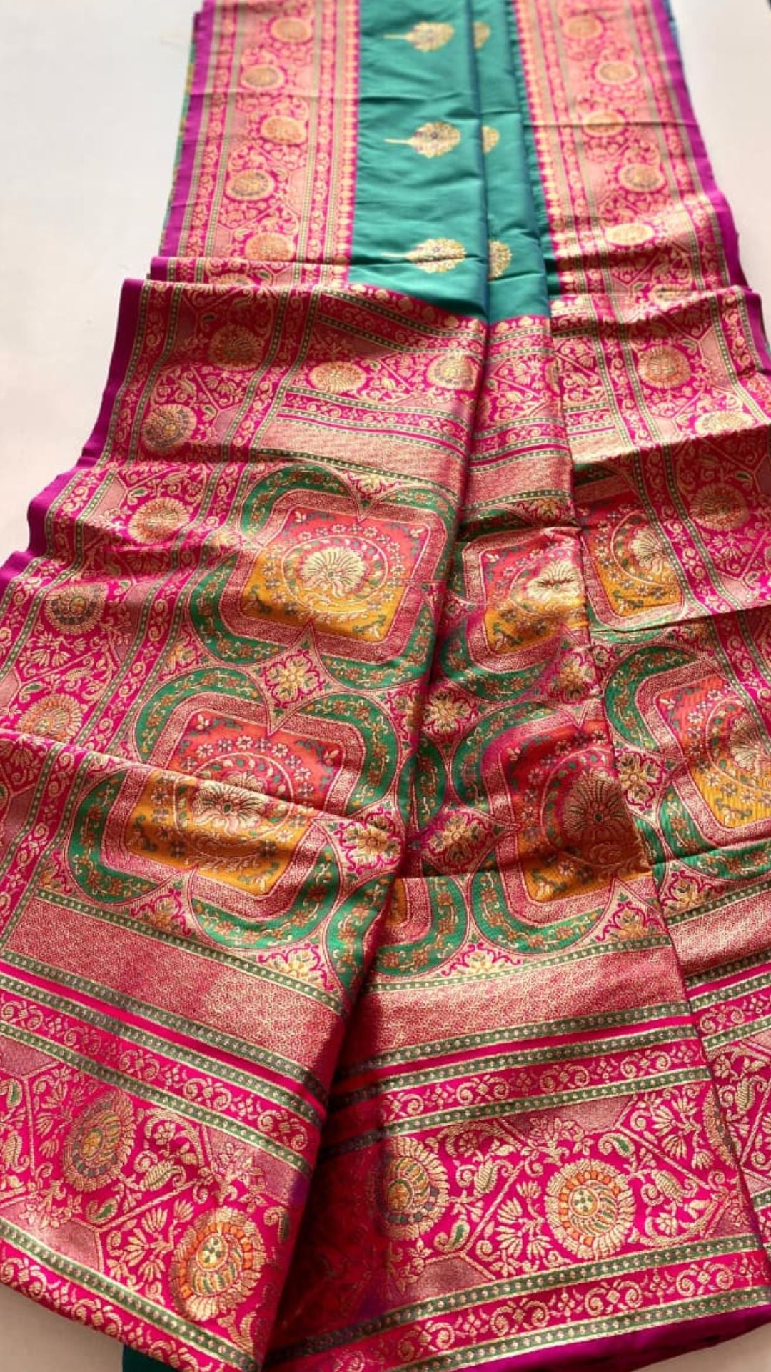 Premium Banarasi Katan Silk Saree in Teal and Hot Pink