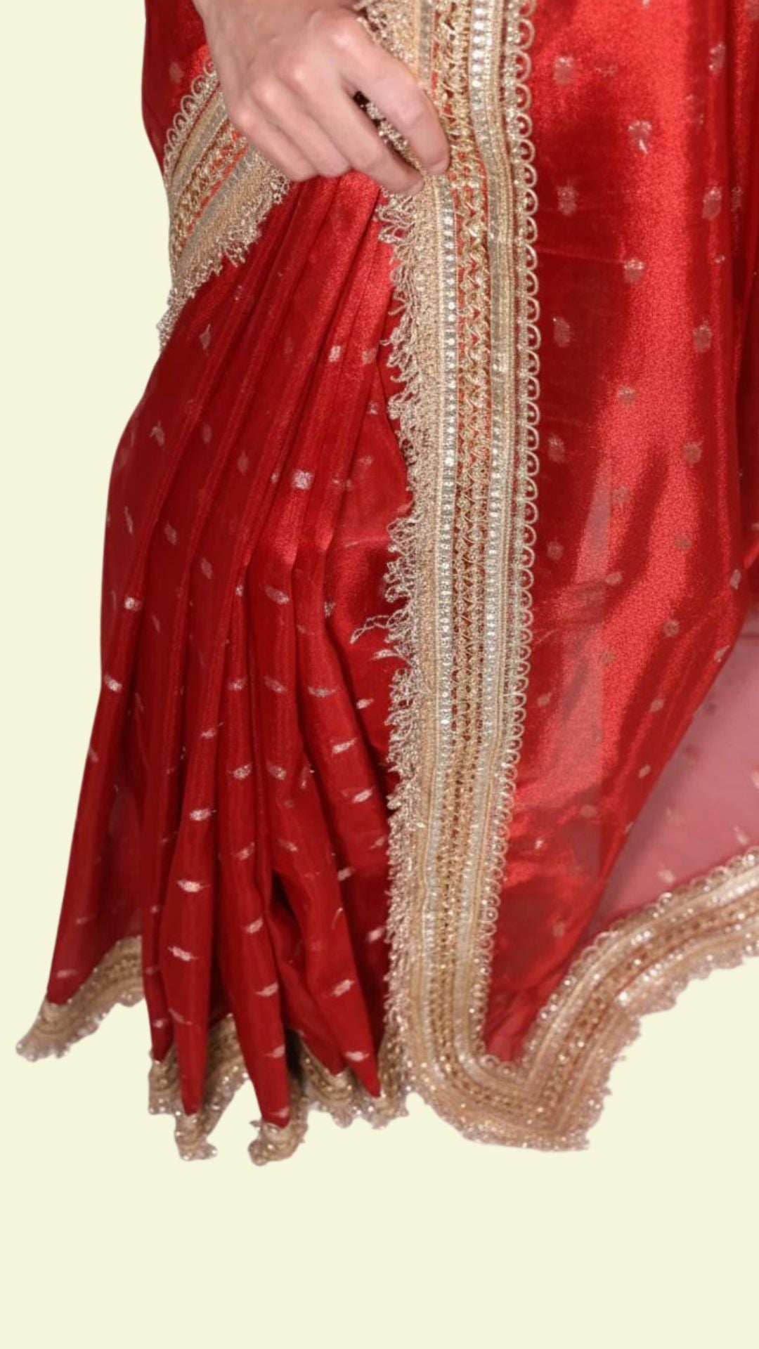 Royal Red Banarasi Soft Tissue Silk Saree with Gold Buti & Triple Lace Border