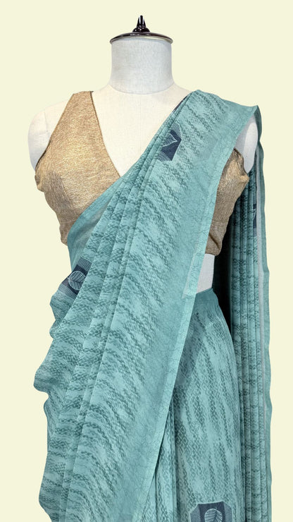 Sea Green Leaf Motif Synthetic Printed Saree