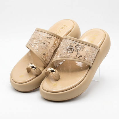 Women’s Beige Platform Sandals with Lace & Sequin Embellishment
