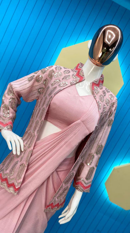 Peach Chinon Silk Ready-to-Wear Saree with Sequin Embroidered Blouse & Belt