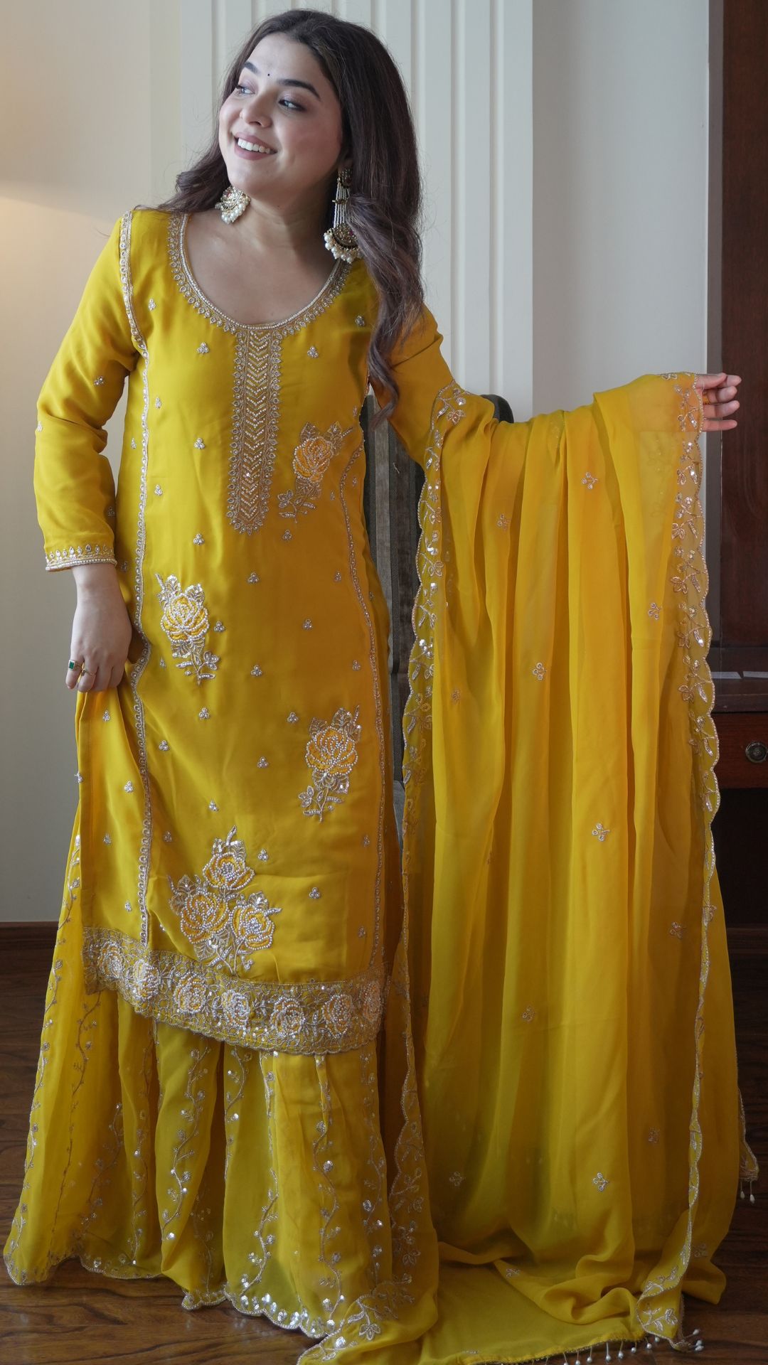 Women’s Yellow Embroidered Gharara Suit Set with Dupatta for Wedding & Festive Wear