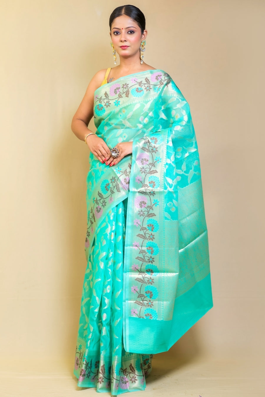 Banarashe Aqua Blue SuperNet Banarasi Kora Paithani Saree