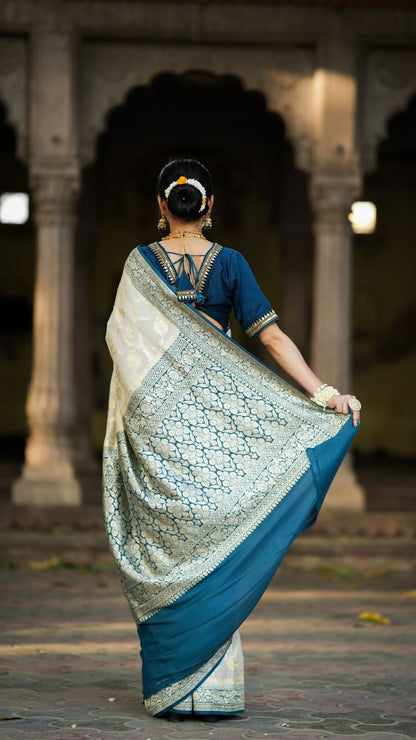 Pure Silk Handloom Khaddi Munga Saree – Cream with Blue Jungle Zari Border