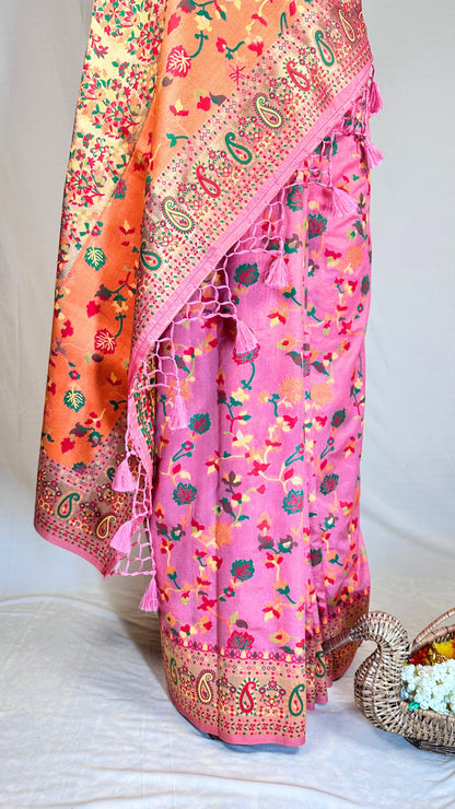 Elegant Pink Floral Meenakari Saree With Blause piece for Festival Wear,