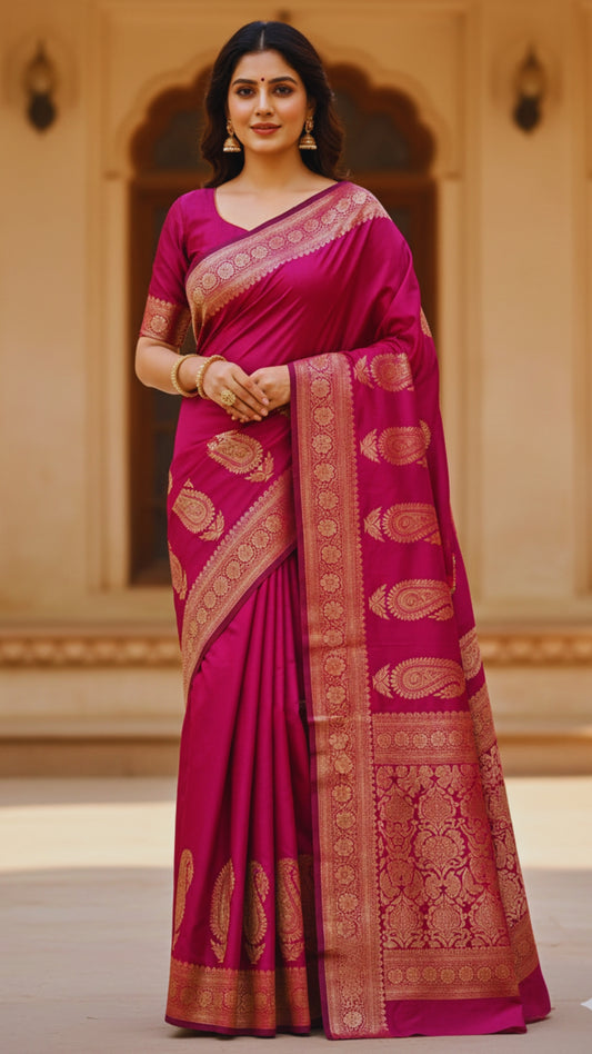 Luxurious Rani Pink Banarasi Katan Silk Saree with Gold Zari Work