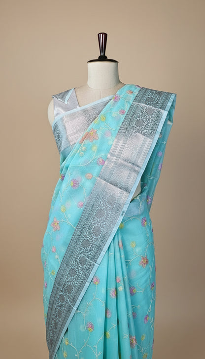 Aqua Blue Handloom Weave Saree with Floral Booti and Metallic Zari Border