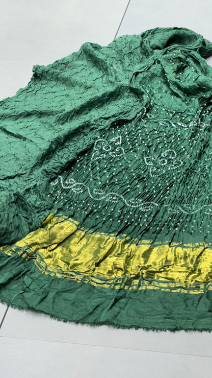 Bottle Green Pure Gaji Silk Hand Bandhani Saree with Original Lagadi Patta