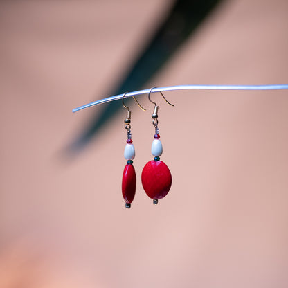 Glass Pearl & Red Acrylic Flat Shape Earrings – Diamond Pattern Design