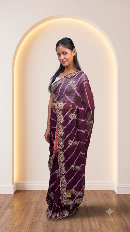 Deep Wine Leheriya Print Embellished Chiffon Saree