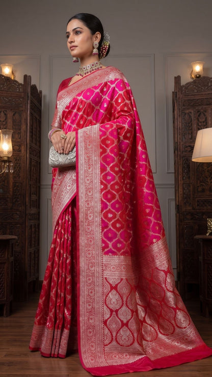 Banarashe Rani Pink & Red Mashru Silk Saree with Intricate Gold Zari Woven Motifs & Traditional Border