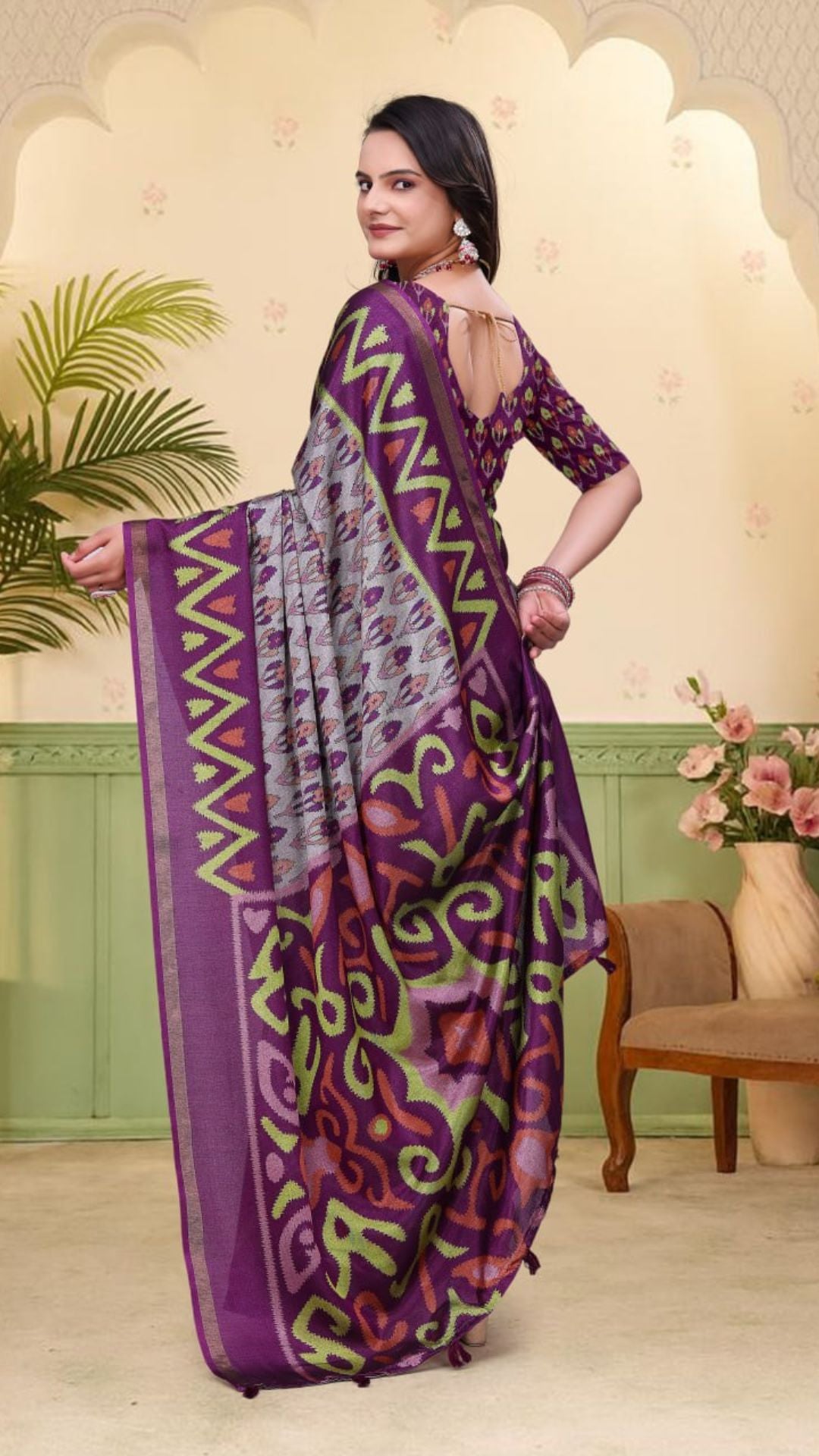 Purple & Grey Mal Cotton Printed Saree with Designer Blouse Piece