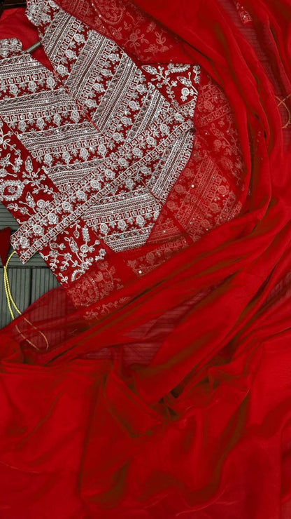Red Rangoli Ready To Wear Saree with Embroidered Koti Blouse & Fancy Belt