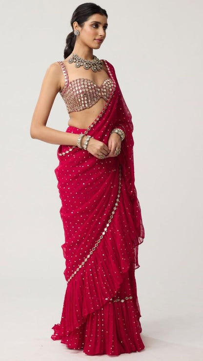 Red Sequin Crush Pleated Saree with Mirror Blouse