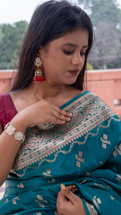 Dark Teal Blue Katan Mashru Silk Saree