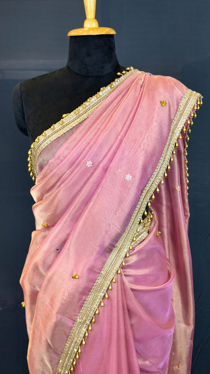 Pink Tissue Ghungroo Mirror Work Saree